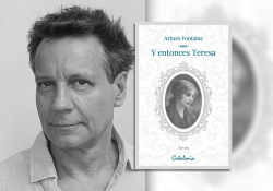Arturo Fontaine with the cover to his book Y entonces Teresa