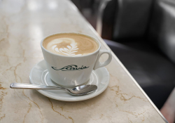 A cup of coffee with stylized cream