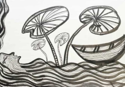 An illustration of a human figure lying on its back in a river with a boat floating nearby and large plants rising from the water