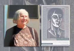 Judith Hemschemeyer with the cover to her translation of Anna Akhmatova's Selected Poems