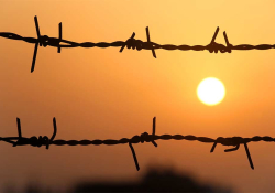 A bleary orange sun is setting, as seen through a barbed wire fence.
