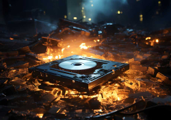 A CD player sits exposed in a pile of burning rubble