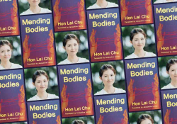 A tile collage of Hon Lai Chu and the cover to her book Mending Bodies