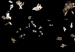 Abstract symbols hover in a black field