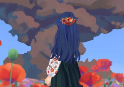 A girl, dressed in native Ukrainian garb, observes a mushroom cloud rising on the horizon