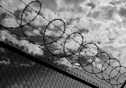 A black and white photograph looking up at the sky through a chain link fence topped with barbed wire