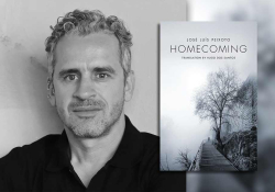 José Luís Peixoto with the cover to his book Homecoming