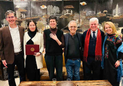 At the closing reception (left to right): Daniel Simon, Guadalupe Nettel, Rosalind Harvey, RC Davis-Undiano, Charles Kenney, and Edurne Pineda