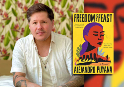 Alejandro Puyana with the cover to his book Freedom Is a Feast