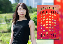 Rie Qudan with the cover to her book Sympathy Tower Tokyo