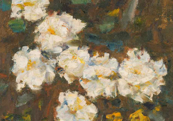 A detail from an oil painting of white flowers