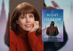 Shelly Sanders with the cover to her book The Night Sparrow