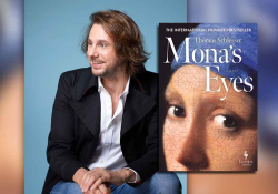 Thomas Schlesser with the cover to his book Mona's Eyes
