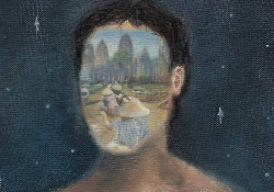 A painting of a woman's head with an illustration of people in traditional dress instead of her face