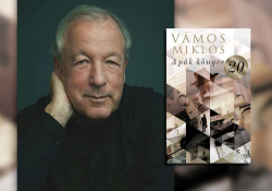 Miklós Vámos with the cover to his book Apák könyve