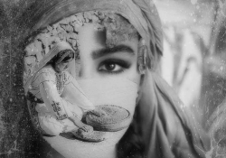 A black and white photomontage of a woman's partially veiled face with an image of a woman making flat bread partially obscuring her face