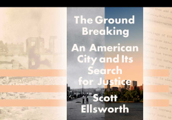 The cover to Scott Ellsworth's The Ground Breaking superimposed over a typewritten eyewitness account of the massacre