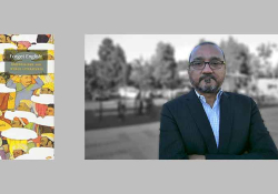 The cover to Forget English! juxtaposed with the author Aamir Mufti