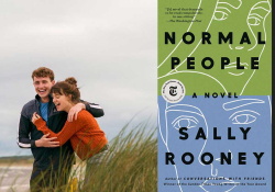 A photograph of two young people laughing and embracing juxtaposed against the cover to Sally Rooney's Normal People
