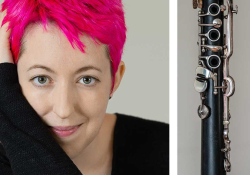 A photo of Marie Ross juxtaposed with a photograph of a clarinet