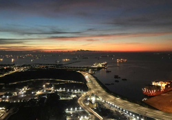 An aerial shot of Montpelier, Vermont at dusk