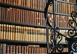 Hardback books with maroon and gold spines