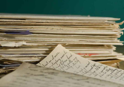 A photo of a stack of papers in front of a solid dark green background. A smaller stack sits in front where the handwritten letters are visible.
