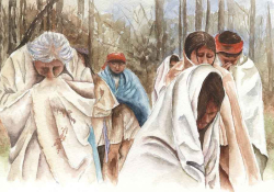 An illustration of several indigenous people, cloaked while walking through a forest
