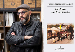A photo of Miguel Ángel Hernández juxtaposed with the color to his book El dolor de los demas