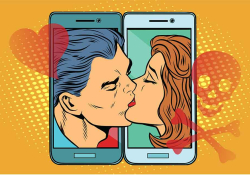 An illustration showing two faces kissing as they emerge from smart phones