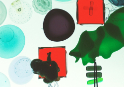 An abstract illustration with squares and circles on a pale blue background