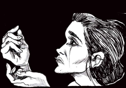 A black and white illustration of a woman in profile