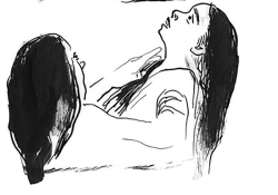 An ink illustration of two women, one grasping the other, who looks up