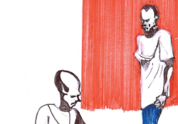 An illustration of a standing male figure looking at a seated figure on the ground